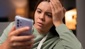 Donna triste al cellulare